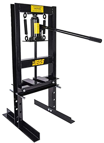 JEGS 6 Ton Hydraulic Shop Press - Lever-Action, Bench Top Hydraulic Press - Up to 18-Inch Working Range - Includes 2 Press Plates - Back Steel with JEGS Logo