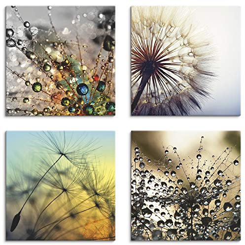 ARTLAND Wanddeko Blumenbilder Leinwand Bilder Set 4tlg. je 30x30 cm Quadratisch Wandbilder Natur Blumen Pusteblume Löwenzahn J4XD
