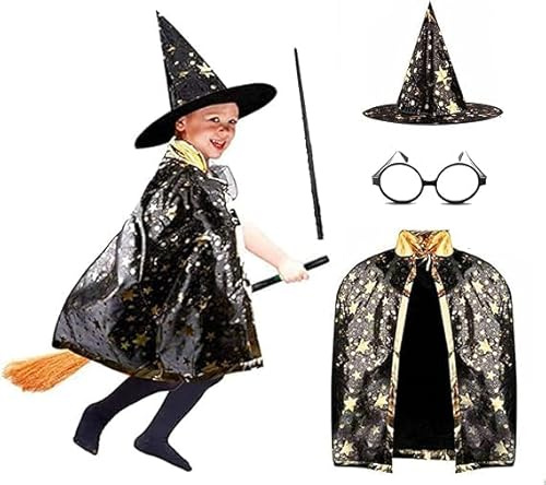 Anzmtosn Unisex Kids Party Fancy Dress Wizard Costumes Witch Cloak with Hat Wand Cape Hat Glasses Set Child's Costume for Carnival Halloween Brithday Cosplay Teenagers Children Boys Girls