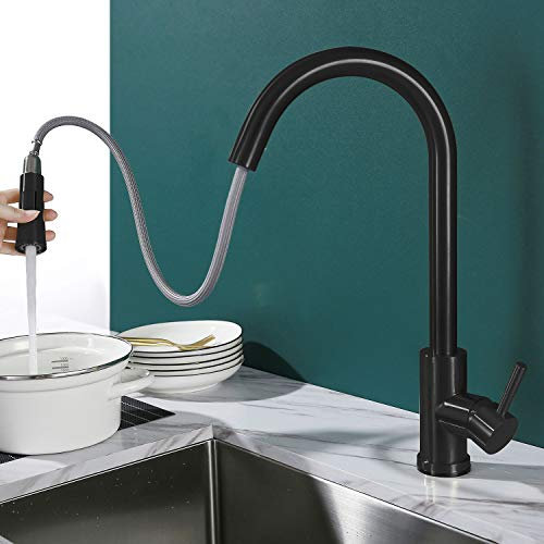 Amazon Brand-chicstyleme Niederdruck Armatur Küche Schwarz Wasserhahn herausziehen 360° drehbarer Spultischarmatur mit Zwei Wasserstrahlarten Mischbatterie Küche für Boiler Edelstahl U-auslauf