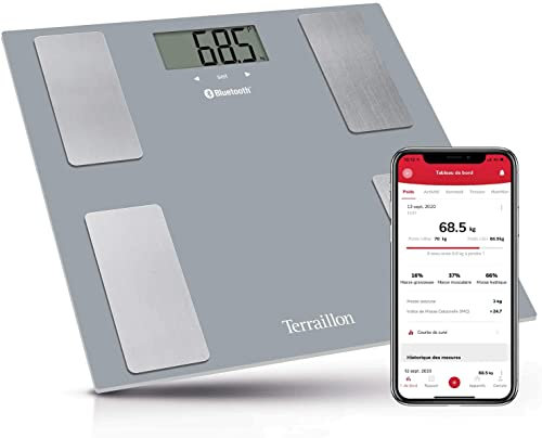 TERRAILLON - SMART CONNECT, Pèse Personne Connecté, Balance IMC, 8 Utilisateurs, Bluetooth Low Energy, Capacité 160Kg, Gris