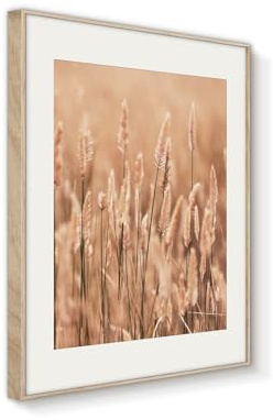 Rambild gräs 2 | Artbox väggbild | bild med träram utseende rambild | Vete gräs sommar sol natur fält äng atmosfär | vardagsrum sovrum kontor | orange vit brun rosa | 50 x 70 cm