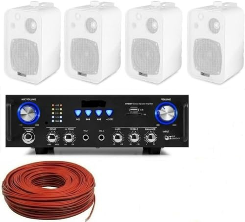 IMPIANTO AUDIO FILODIFFUSIONE K3 LOCALI 100Watt+Altoparlanti da Parete+Bluetooth+Cavo (CON 4 CASSE)
