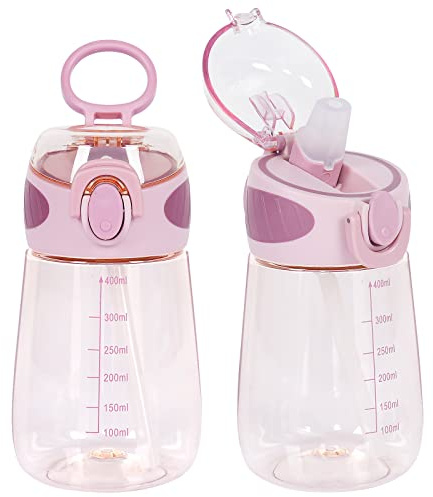 YOBOKO 400ML Wasserflasche mit Stroh BPA Freie Leichte 14oz Wasser Trinkflasche für Kleinkinder mit Griff Breite Mund Lecksichere Nette Strohflasche für Jungen Mädchen Erwachsene (Rosa)