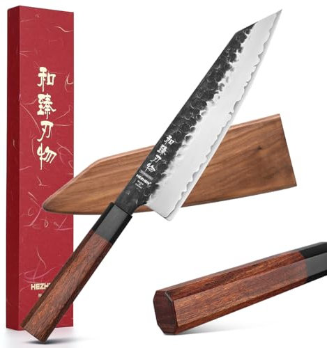 HEZHEN- 21,5CM Kiritsuke Messer,3 Schichten Verbundschmiedestahl Kochmesser,Professionelles japanisches Küchenmesser, Achteckiger Redwood-Griff Messerscheide aus Holz