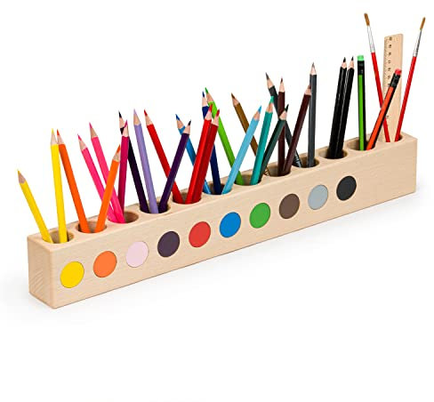 Obubu Montessori Schreibtisch Organizer Kinder - Stiftehalter Holz - Stifte Organizer - Stiftebox Holz - Organizer für Bleistifte mit 10 Farbkennung