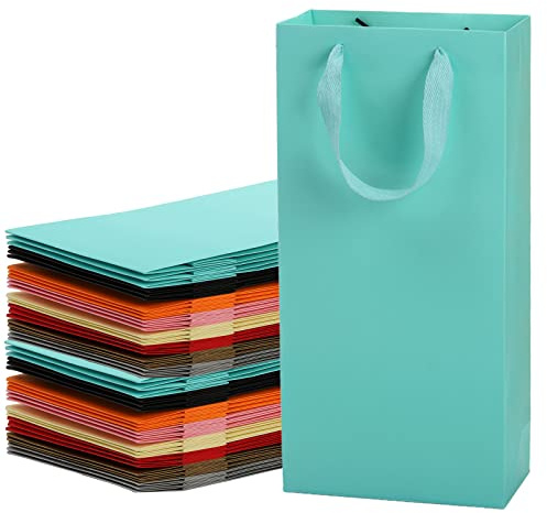 WUWEOT 32 Pack Double Paper Wine Bags, Assorted Colors Gift Bag Bulk, Reusable Wine Bottle Tote Bag with Handle for Business, Shopping, Retail, Party, Merchandise, Favor