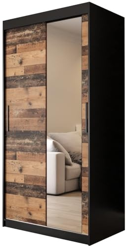 KRYSPOL Schiebetürenschrank Old Style T2 100 cm Kleiderschrank mit Spiegel Einlegeboden Schlafzimmer- Wohnzimmerschrank Schiebetüren Modern Design (Schubladen: 0)