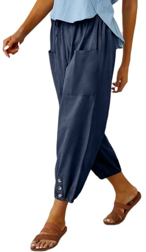 Dam vardaglig lykta avsmalnande haremsbyxor lös passform stil lin ankelbyxor sommar säckiga byxor med ficka, Capri-denim blå, L