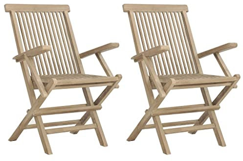 vidaXL Gartenstühle 2 STK., Gartenstuhl Klappbar Lattenrost-Design, Klappstuhl Holzstuhl mit Armlehnen, Gartensessel Stuhl, Grau Massivholz Teak