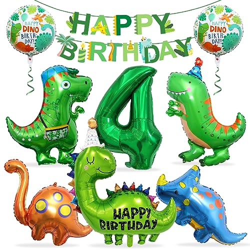 Dino Geburtstag Deko 4 Jahre - Folienballon Dinosaurier Mit Happy Birthday Girlande, Luftballons, Helium Ballon - Für Kindergeburtstag Party