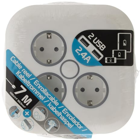 Zenitech, 7 m weiße Haushalts-Stromkabeltrommel mit 3 Schuko-Steckdosen + 2 USB 2,4 A, HO5VV-F 3G1,5 mm² Verkabelung, extraflacher Stecker, einziehbarer Aufhängehaken, Wandmontage
