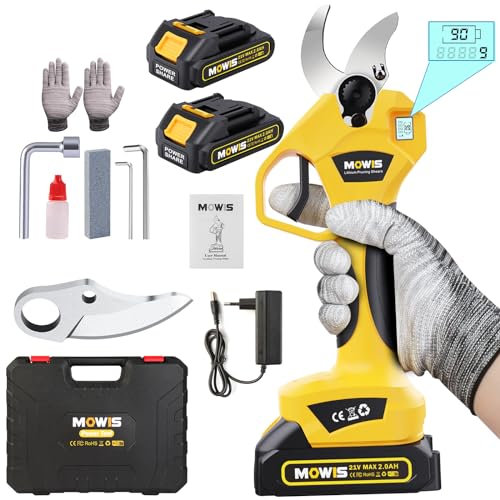Forbici Potatura Elettriche, MOWIS Forbici Potatura a Batteria Professionali 30mm, 2 x 2000mAh batteria con LCD Display, Electric Pruning Shears da potatura, per Frutteto,Giardino,Fattoria, Vigneto