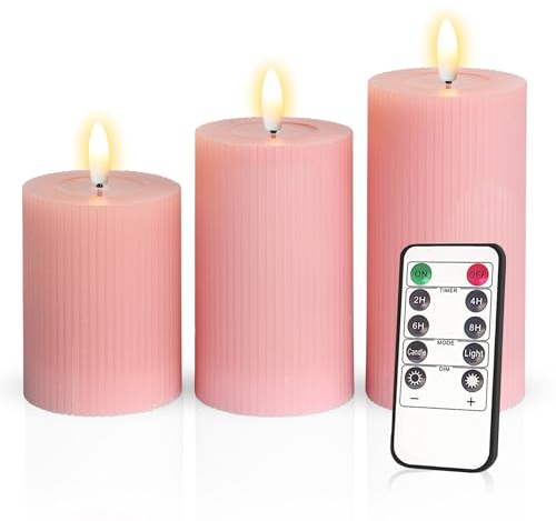 Meisterhome® 3er-Set Flammenlose LED Kerzen - Hellrosa - Ribble Design Stumpenkerze - mit Fernbedienung – mit Timer - Batteriebetrieben – Warmweiß - 10/12,5/15 cm hoch - mit flackernder Flamme