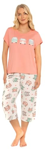 Suzy & Me Womens 100% Cotton Jersey Short Sleeved Cropped Leg Animal, Butterfly, Bear & Heart Design Pyjamas (UK, Numeric, 16, 18, Regular, Regular, CORAL CAMPERVAN)