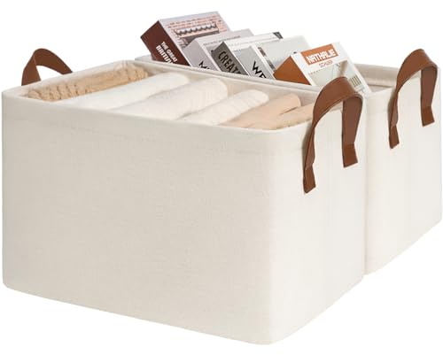 TIMEYARD Large Foldable Fabric Storage Baskets Shelf Bins Beige 2-Pack | 43x28x25cm for Wardrobe, Shelves and Closet Organisation. Foldable Design Saves Space