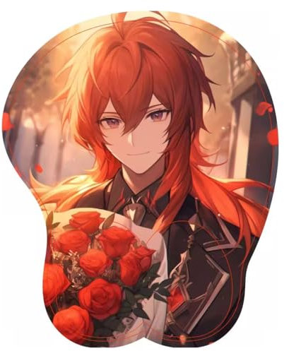 Anime Mauspad Genshin Impact Diluc Ragnvindr 3D Mauspad Silikonunterstützung. Niedliches Gel-Mauspad mit Handgelenkauflage. Rutschfestes 3D-Mauspad（E）