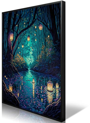 Anslipswar Fantasy andlig skog kanvas väggkonst, inramade magiska coola lyktor på träd blå affisch för rum estetisk, fe underland mörk natt eldflugor flod bild tryck dekor 40 x 60 cm