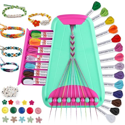 TingingYuli Friendship Bracelet Making Kit for Girls 8-12 with Letter Beads | Jewellery making kit gift: 28 pre-cut threads, 14 colours, A-Z letter beads to spell any name, ABS storage board, screen-free