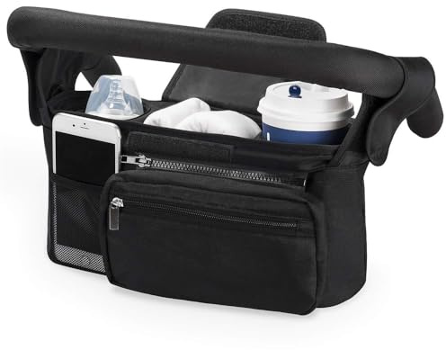 Universal Stroller Organizer with Cup Holder and Mobile Phone Pocket Organiser, Multifunctional Baby Pram Bag Stroller Accessories Stroller Caddy Organizer Pushchair Organiser (Black)