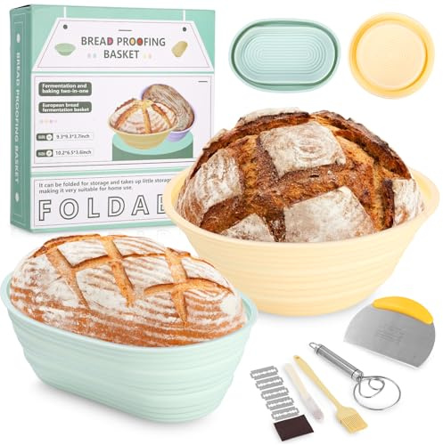 LEAZZLE Cestini da Lievitazione in Silicone,Set di 12 Pezzi Cestini Rotondi da 23cm e Ovali da 26cm,Cestini Per Lievitazione Per Pane In Silicone Kit Pane Pieghevoli,Strumenti per la Panificazione