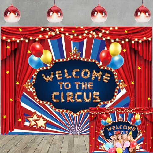 Sfondo per carnevale e circo, con scritta Welcome to the Circus, sfondo rosso con stelle glitterate, per feste di compleanno, sfondo fotografico, carnevale, decorazione per feste di compleanno, 2,3