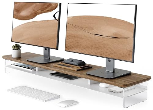 Fenge Support Écran PC Acrylique, Réhausseur Écran PC Bureau Bois et Métal, Adapté aux Ordinateurs, Écrans, TV, Ordinateurs, Imprimantes (Marron, 108cm)