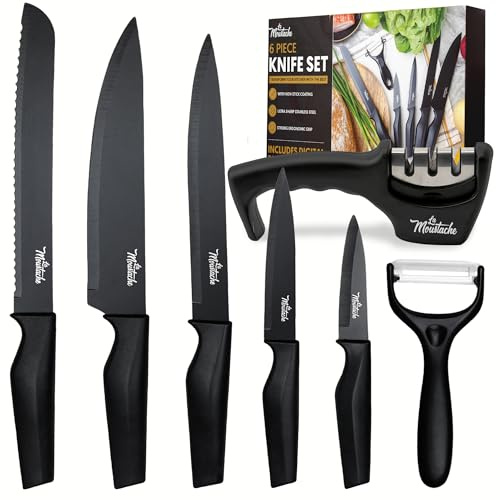La Moustache - Cuchillos de Cocina Profesionales, Afilador y Pelador【7 Piezas】 Set de Chef Antiadherente de Acero Inoxidable | Juego Ergonómico para Cortar Pan, Frutas, Verduras y Carnes (Negro)