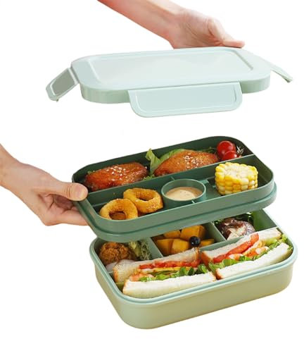 Fiambrera para adultos, 200 ml, doble capa, cuatro compartimentos, apilable, con utensilios, microondas y lavavajillas, escuela, trabajo, pícnic, viajes (verde)