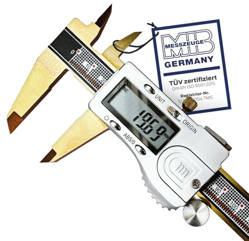 MIB Digitaler Messschieber mit Absolut-System & TiN-Beschichtung DIN 862 200mm | Präzisionsmessgerät | 4-fach Messung | Kalibrierung | Digitalwerkzeug Set mit 3V Batterie & Kunststoffbox