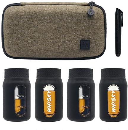 Oak & Ember Flight Flask Traveller – 4 x 100ml Hip Flask Set for Alcohol – Leakproof Glass Whisky Travel Flasks with Write-On Label & Protective Case – Whisky Gift Set for Men