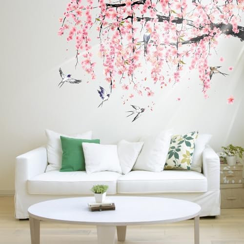 Stickers Muraux Branche de Rose Autocollants muraux pour chambre adulte, Plante Fleurs Décoration en forme d'arbre de pêcher pour chambre, cuisine et salon - décoration de fond de canapé (Fleur 2)