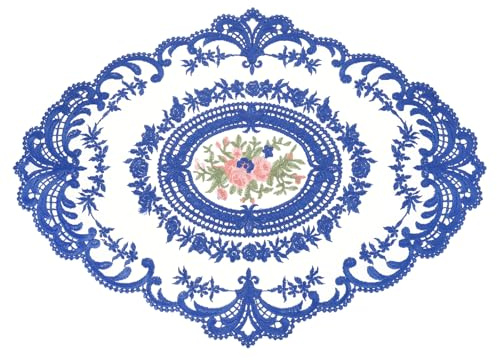 QUARKZMAN Retro Spitzen Tischset Spitzendeckchen 31x42 cm Ovale Bestickte Tischsets Französische Häkeldeckchen Untersetzer Tassenmatte für Zuhause Hochzeit, Saphirblau