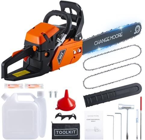 CHANGE MOORE 20Inch 62CC Gas Powered Chainsaw with 2Pcs Chainsaw Chain, 550 ml Fuel 260 ml Oil Tanks, 2-Cycle Engine, Automatic Chain Oiler Petrol Gasoline Chainsaws for Wood Cutting and Tree Pruning