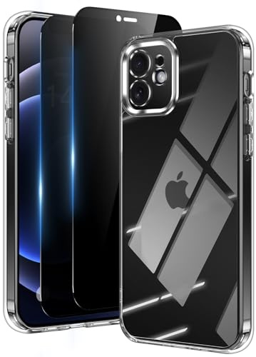 Aekyiwot 3 in 1 Handyhülle für iPhone 12 Hülle Klar mit 2 Stück Schutzfolie Privacy Schutz, [Nie Vergilbung] [Kameraschutz] Dünn Hard PC Kratzfest Stoßfest Schutzhülle Durchsichtig Case