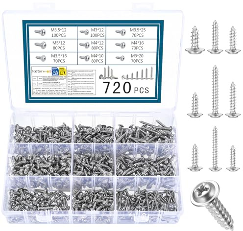 720 PcsSelf Tapping Screws Metal, M3 M3.5 M4 M5 Pan Head Wafer Head Screws with Washer, Cross Truss Self-Tapping Self Drilling Screw for Wood Screw Assortment Kit for Sheet Metal Wood Plastic