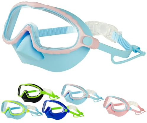 Lunettes de natation pour enfants avec cache-nez, masque de natation amélioré 2025 avec grande monture HD, masque de plongée anti-buée et sans fuite pour enfants et jeunes (D)