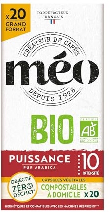 Cafés Méo - Capsule Café Bio Puissance Pur Arabica - 100 Capsules - Compatible avec Nespresso - Intensité 10/10 - Arômes Authentiques, Puissant et Intense - Agriculture Biologique - Lot de 5x20