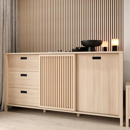 Forte JYTANA Sideboard 17ß 180, skandinavisches Sideboard mit 3 Schubladen und 2 Schranktüren, Holzwerkstoff, Riva Eiche Holzdekor, 174,8 cm breit x 91,5 cm hoch x 40,2 cm tief