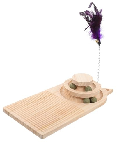 BESTonZON Lagiges Katzendrehspielzeug aus Massivem Holz mit Beweglichem Kugelball Interaktives Kratzbrett für Katzen Spielerisches Krallenwetzen und Katzentraining Geeignet Zufällige Farbe