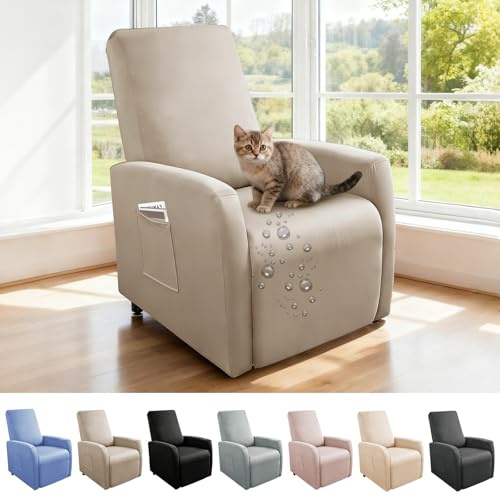 4-Teilig All-Inclusive Sesselbezug wasserdichte, Sesselschoner mit Taschen für Relaxsessel und Fernsehsessel, Sessel Überzug mit armlehne, Sesselbezuge Stretch für Kinder, Hund und Haustieres