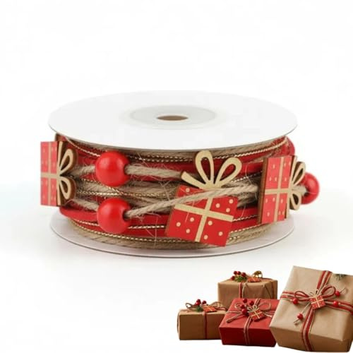 Weihnachts Geschenkband mit Geschenk-Design,Rot-Goldenes Dekoband auf Rolle,Handgemachtes Schleifenband aus Jute und Stoff für Geschenkverpackung Weihnachten,Christbaum Deko,Tischdeko und DIY Basteln