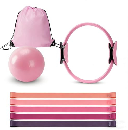 TSPFUI Pilates Ring Kit for Women,Magic Circle Hoop, 5 Resistance Bands,Yoga Ball,Workout Guide Included，Full-Body Pilates Workout Equipment Suitable for Beginners(8pcs) (8pcs-Pink)
