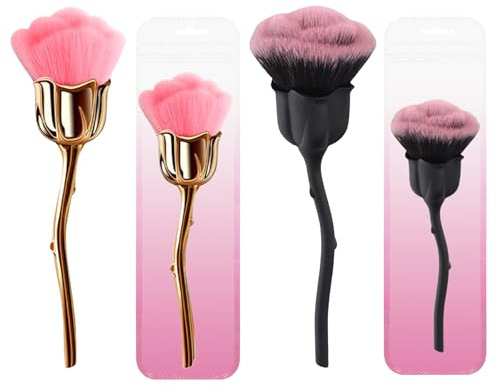 Toyhood 2Pcs Rose Flower Makeup Powder Brush, Face Blush Brush, Loose, Pressed Powder, Nail Cleaner Brushs, for Blending, Buffing, Contour Formation, Balck and Pink