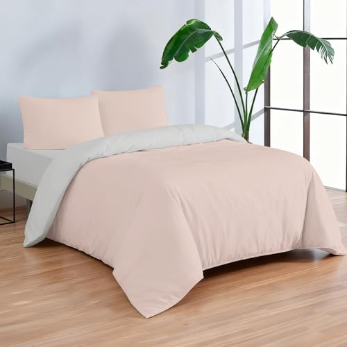 Etrexonline Juego de Funda Nórdica Lisa Reversible Bicolor 4 Piezas Cama 150 Microfibra Transpirable – Funda Edredón 220 x 240 cm, Bajera 150 x 200 + 30 cm, 2 Almohada 50 x 75 cm (Rosa y Gris)