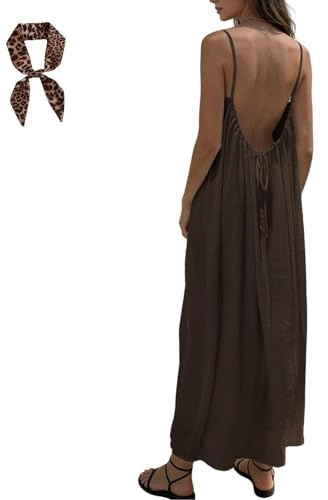 Damer i enfärgad rygglös Cami-klänning Sommar Casual ärmlös rygglös Maxiklänning Long Beach Sundress(Brown,M)