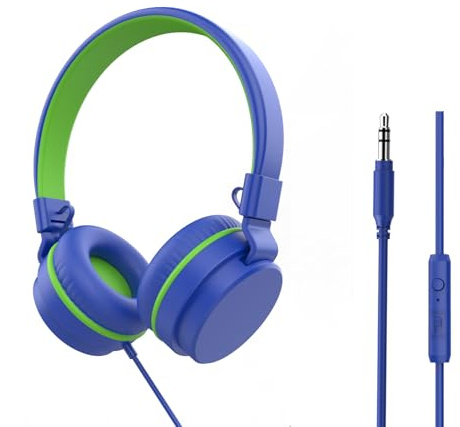 YOYOTUNE Kids Headphones,On-Ear Wired Headphones for Kids with Mic,85/94dB Volume Limiter Headphone for Girls Boys Children,3.5mm Wired Cord Foldable Headphone for Learning&Entertainment (Blue)