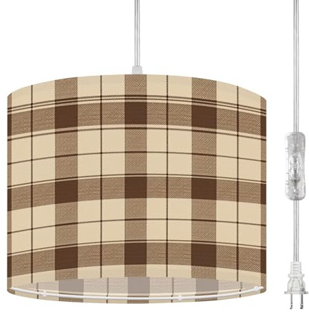 Plug In Pendant Light Seamless plaid brown cream for designing clothes skirts pants gives Hanging Lamp with Clear Cord Fabric Shade Dimmable Switch for Bedroom Kitchen Living Room Light Fixtures