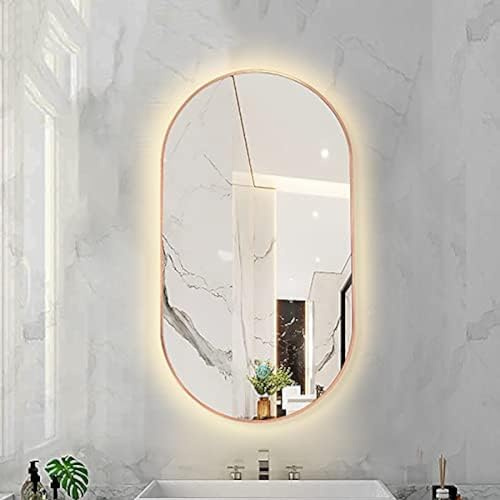 Specchio da bagno ovale dimmerabile a LED, da parete, 3 temperature di colore, cornice in lega di alluminio, finitura oro rosa, illuminazione retroilluminata per una migliore toelettatura
