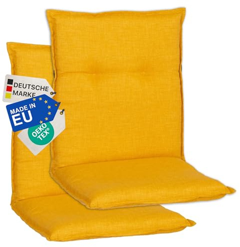 NYVI Gartenstuhl Auflagen Niedriglehner 2er Set Barcelona - UV-Beständig, Atmungsaktiv, Strapazierfähig - Niedriglehnerauflagen Sitzkissen Outdoor - Sitzauflagen für Gartenstühle 100x50cm Senfgelb